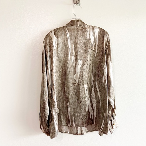 Escada Silk Blouse Taupe Cream Marble Print Button Up Shirt Top Size 44 14 - Picture 7 of 10